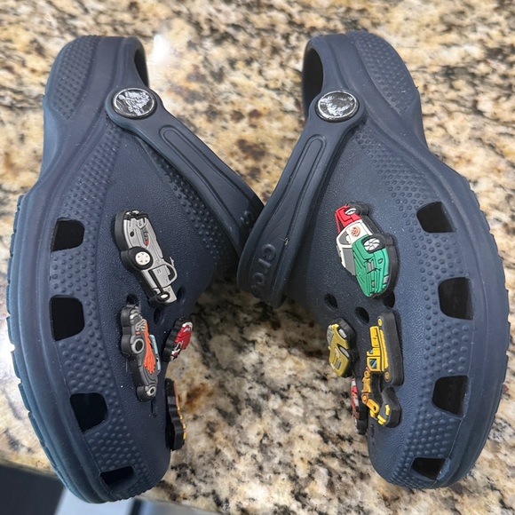 CROCS Navy Clogs with Colorful Vehicle Charms - Picture 7 of 13